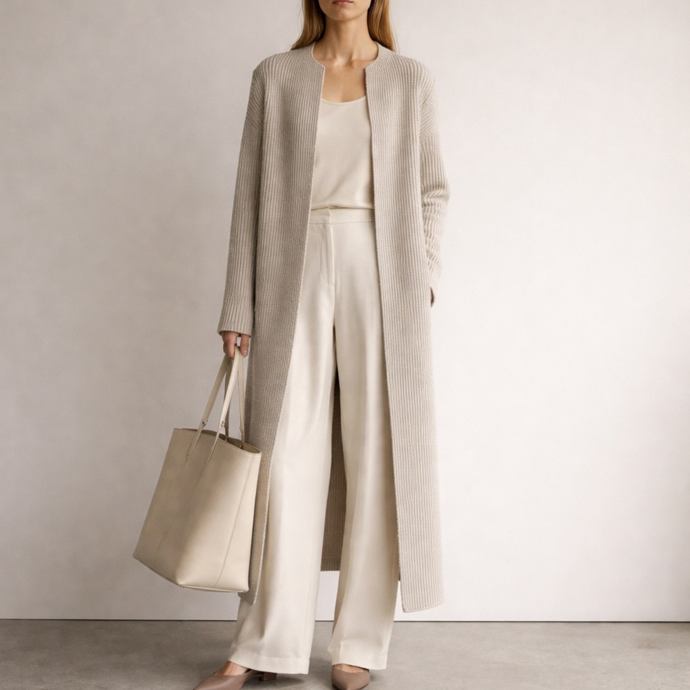 Halogen 100% Cashmere Long Ribbed Duster Cardigan Neutral Beige Small